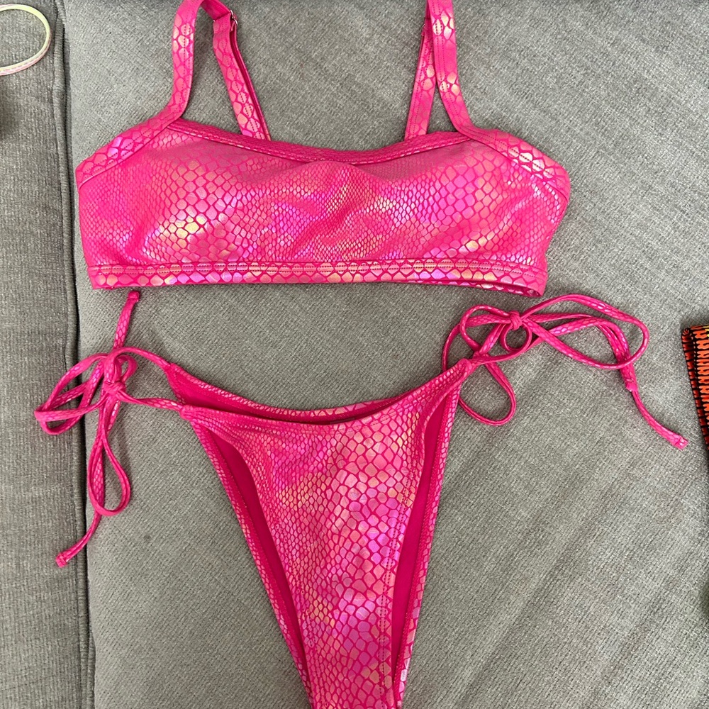 Hot Pink Metallic Snake Print Bikini Set